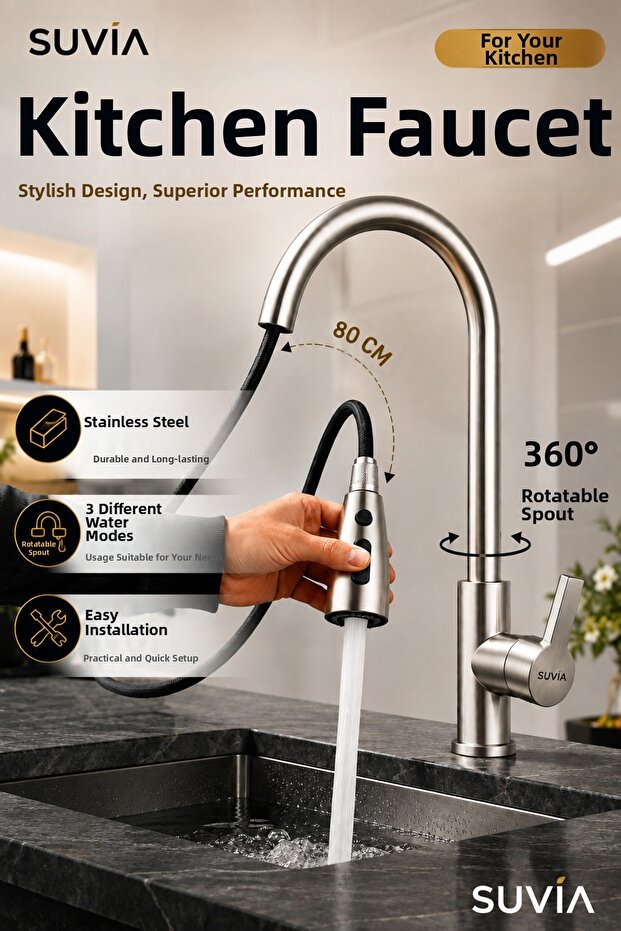 Kitchen Faucet 3 Functions 360 ° Swivel Extendable Pull-Out Head Kitchen Sink Faucet