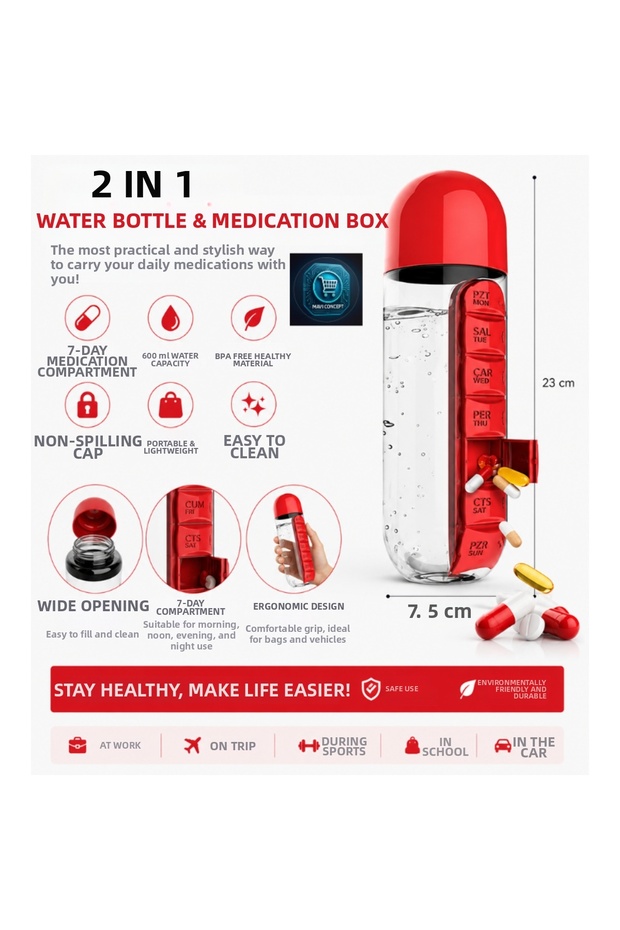 Water Bottle & Medicine Box 2 in 1 600 ml Water Bottle