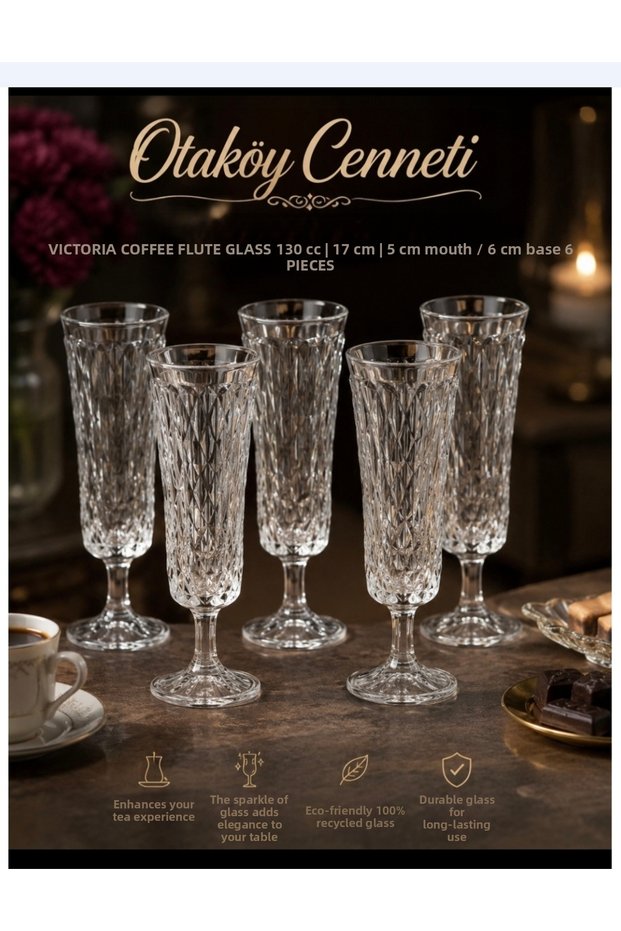 Victoria 6-Piece Coffee and Flute Glass Set, 130 Cc Volume, 17 cm Length, 5 cm Mouth, 6 cm Base, Stylish Special Occasion Glass.
