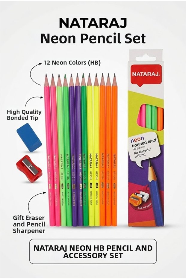Pencil Hb 1 Dozen Pencils with Sharpener and Eraser Gift Nataraj Pencil Neon Color 1 Dozen