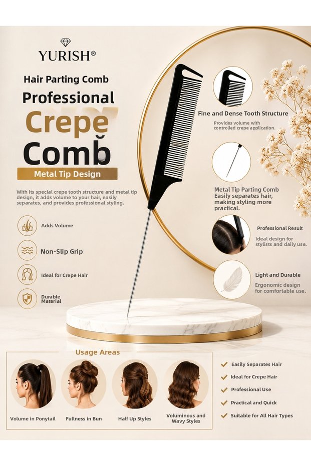 Hair Separating Handle Professional Crepe Comb Metal Tip Hairdresser Comb