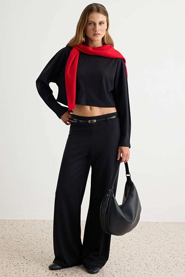 Black Plain Regular Fit Bat Sleeve Belted Thick Interlock Knitted Bottom - Top Set Twoaw27Au00039