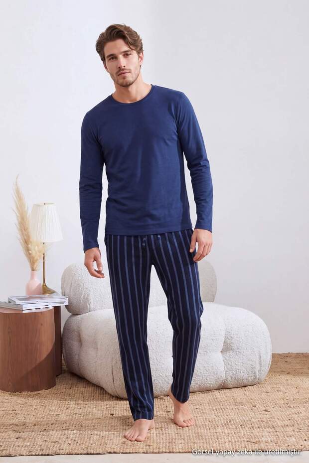 Navy Blue Regular Striped Top Single Jersey Bottom Waffle Fabric Pajama Set Tmnaw26Pt00006
