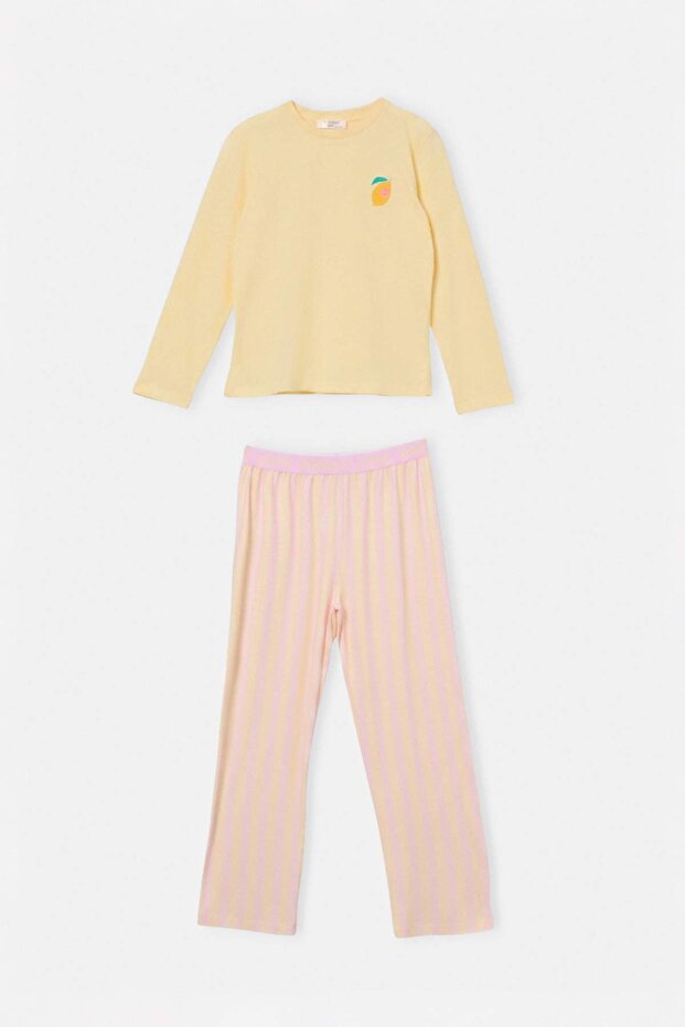 Sarı Kız Çocuk Baskılı Örme Alt-Üst Pijama Takımı TKDAW26PT00008