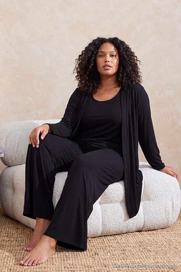 Black Robe with Straps Knitted Plus Size Pajama Set Tbbss26Ai00086