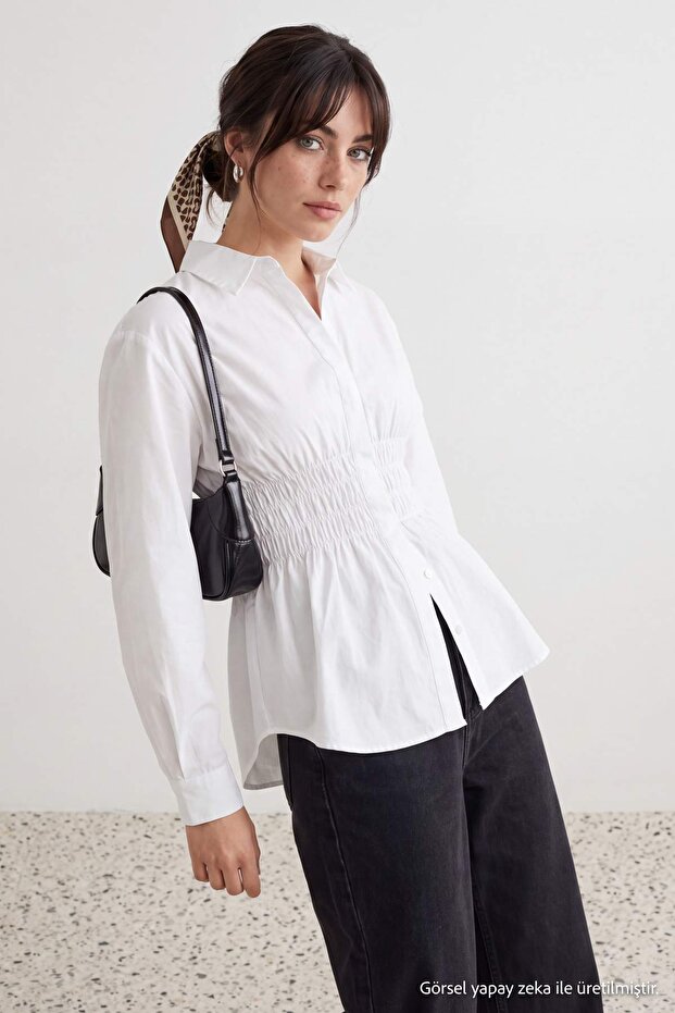 Beyaz Fitted Beli Gipeli Dokuma Gömlek TCTAW27TG00016