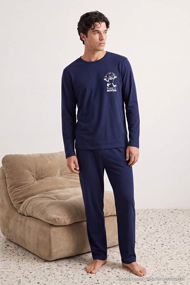 Navy Blue Regular Printed 100% Cotton Knitted Pajamas Set Tmnaw27Pt00017