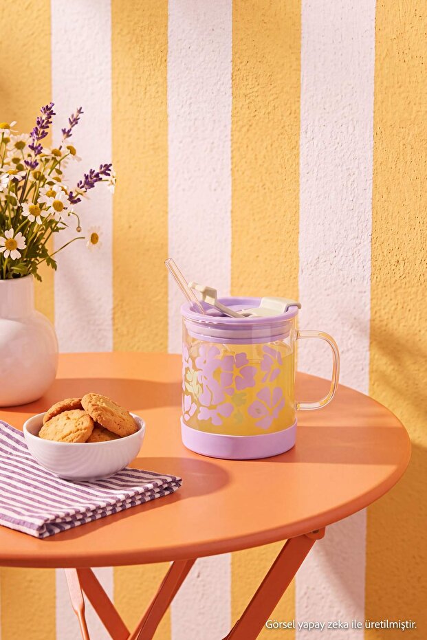 Flower Patterned Glass Mug with Straw and Lid Tdraw27Up00002