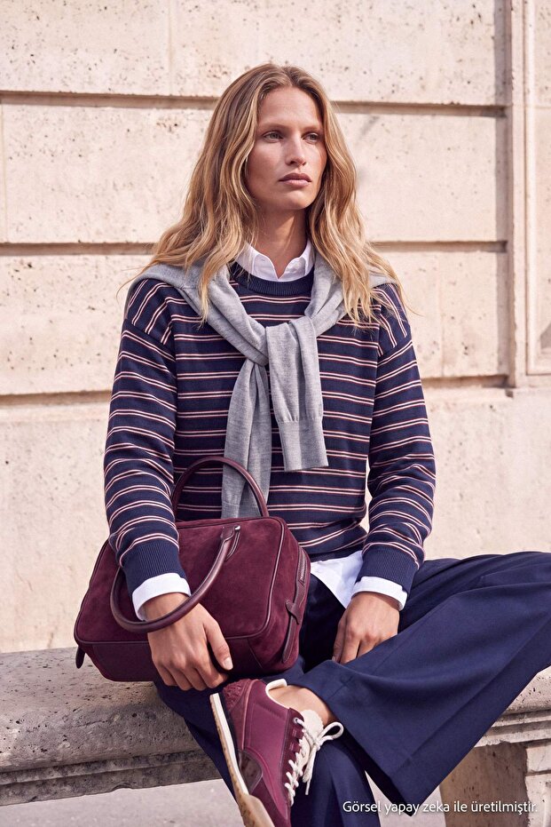 Wardrobe Essentials Lacivert Çizgili Oversize Bisiklet Yaka Triko Kazak TWOAW27KZ00220