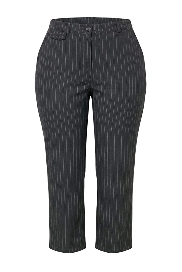 Anthracite High Waist Striped Wide Leg Plus Size Pants Tbbaw27Ar00017