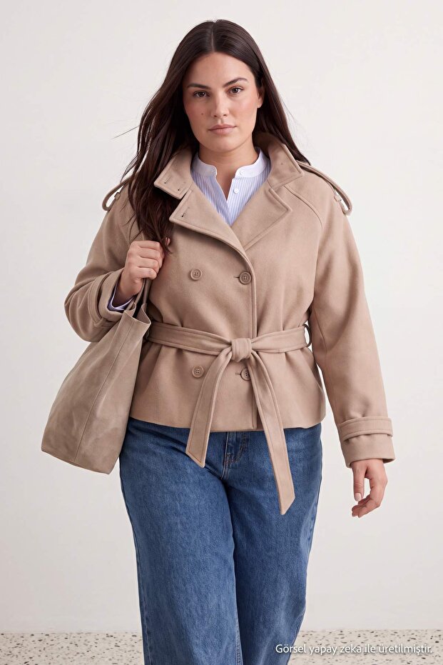 Mink High Collar Belted Double Breasted Oversize Short Cashmere Plus Size Coat Twoaw27Dd00010