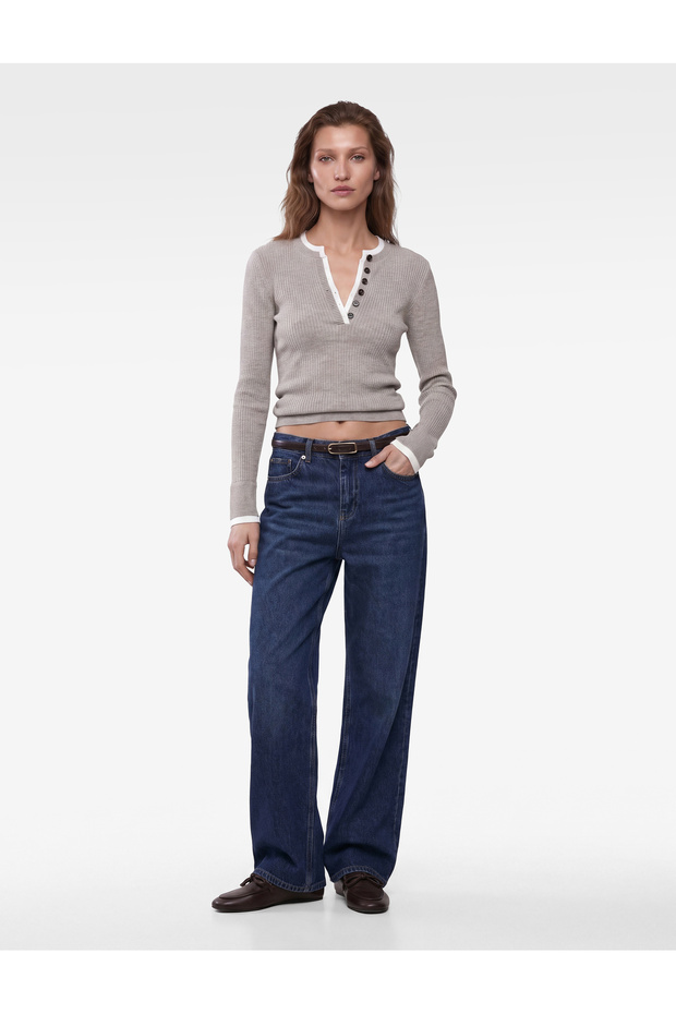 Long Sleeve Buttoned Layered Henley Collar Knit Sweater