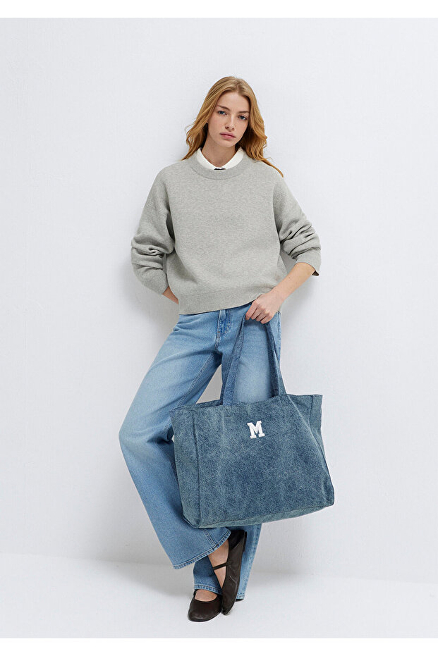 M Logo Embroidered Denim Shoulder Bag 1913790-22189