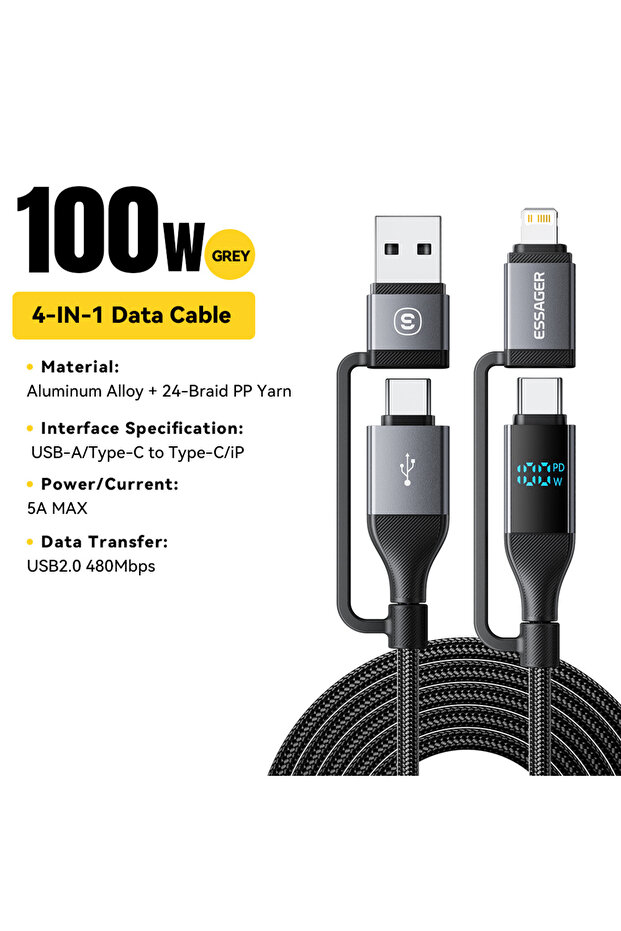 كابل USB من النوع C، بطول 2 متر، بقدرة 100 واط، 4 في 1، رمادي اللون، مزود بشاشة رقمية، يدعم الشحن السريع PD بقدرة 100 واط، يدعم Wi-Fi