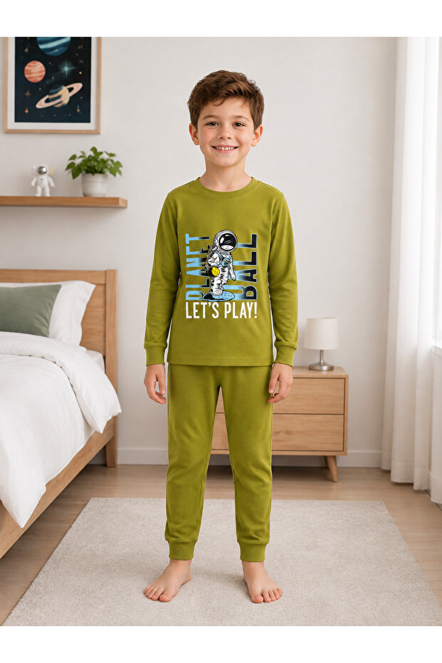 Boy's 100% Cotton Khaki Color Astronaut Patterned Long Sleeve Winter Interlock Pajama Set