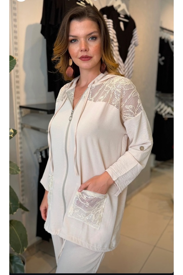 Plus Size Hooded, Zippered, Sequin and Mesh Detail Aerobin Fabric Jacket