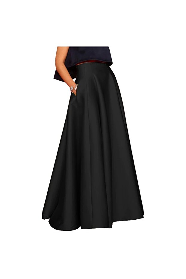 Women's Black Pocketed High-Waist Maxi Long A-Line Pleated Satin Skirt