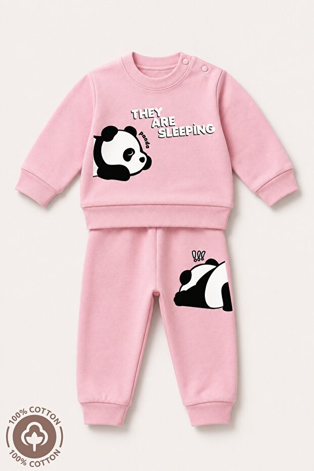 Unisex Baby Sleeping Panda Printed 100% Cotton 6-9-12 Months Top and Bottom 2-Piece Baby Set