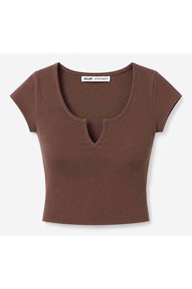 Women's Brown V-Neck Lycra Ribbed Short Sleeve Crop Body