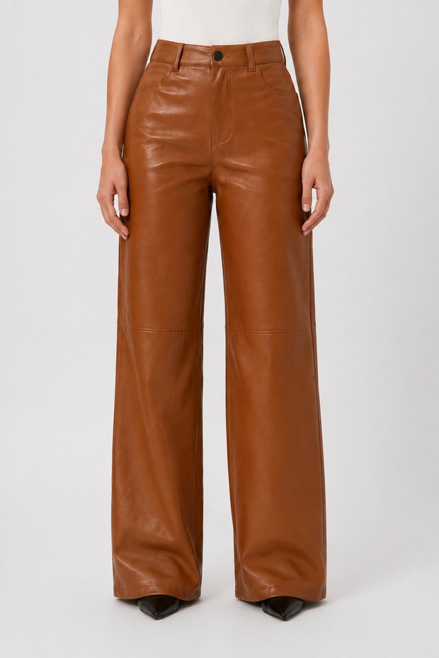 Tan Relaxed Leather Trousers with Pipe Leg Stitching Detail