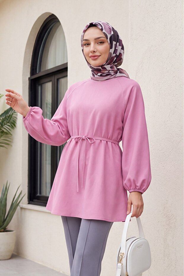 Round Neck Tie-Waist Balloon Sleeve Tunic - Pink