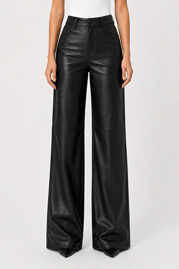 Black Relaxed Straight Leg Leather Pants with Stitching Detail