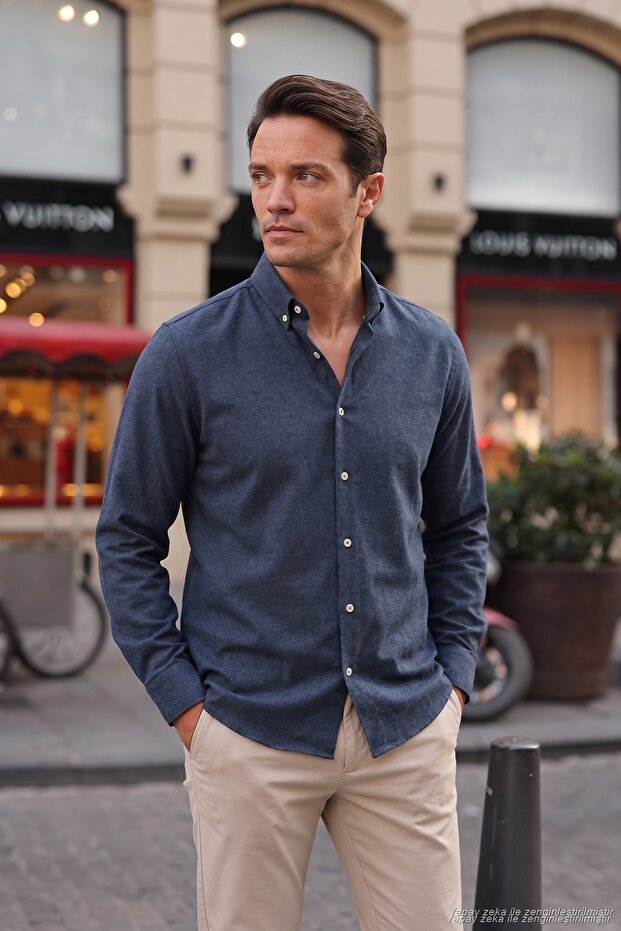 Cotton Regular Fit Buttoned Collar Winter Shirt Men's Shirt Cf24W127079