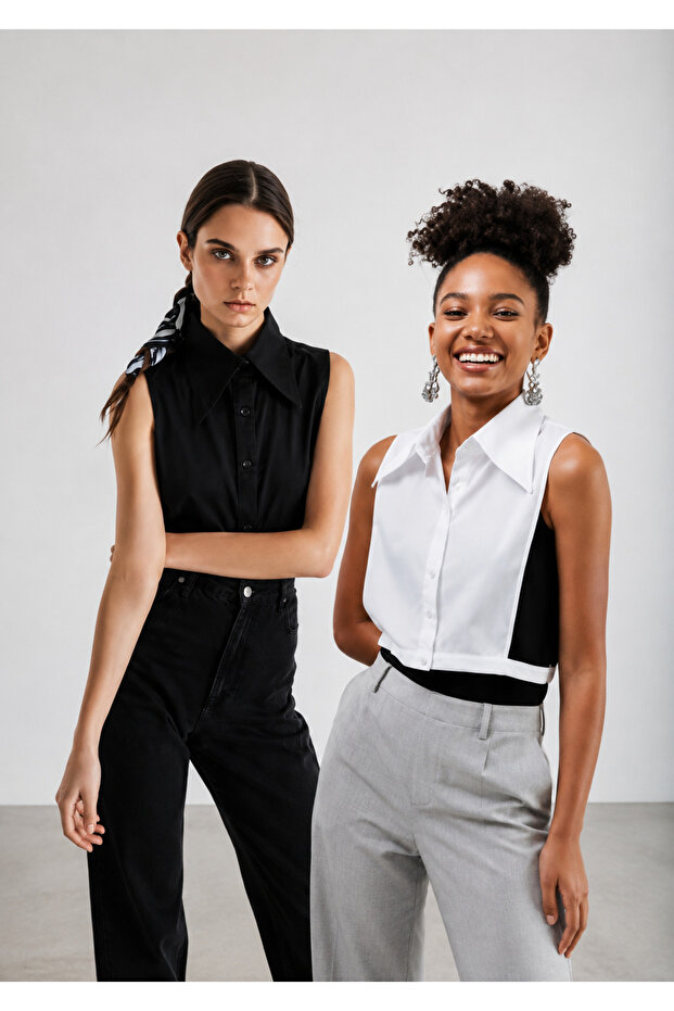 Pack of 2 Pointed Shirt Collar Set Black and White Modern Cotton Stylish Design Classic Collar Model