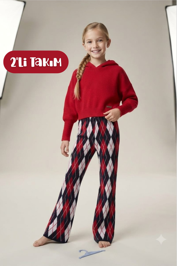 Girl's bat sleeve knitwear sweater diamond patterned pants 2-piece set