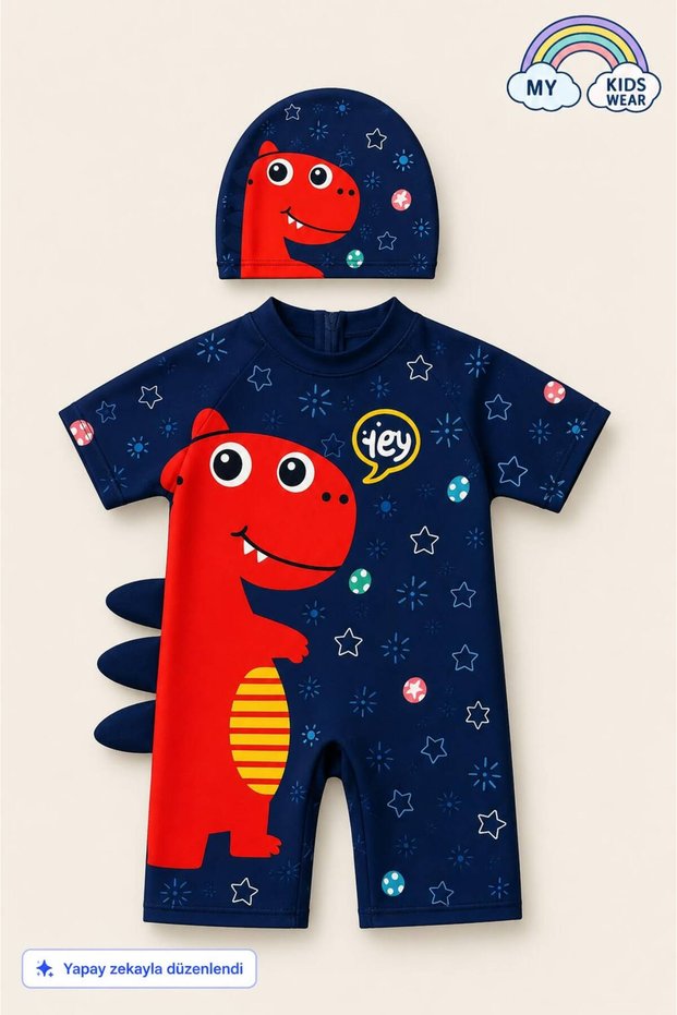 Sweet Dino Themed Bonnet Boys Swimsuit Set