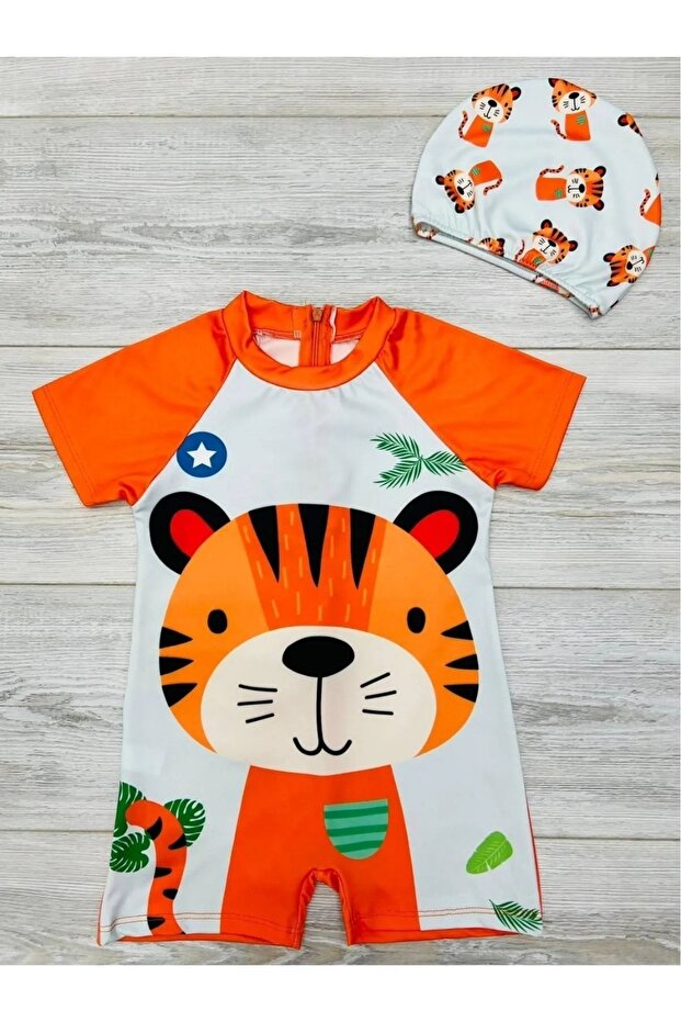 Cartoon Patterned Zippered Bonnet Boys Swimsuit Set