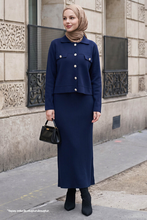 Navy Blue Knitwear Suit with Jacket and Dress