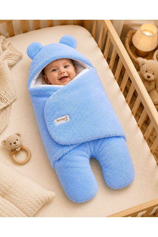 0-6 Months Blue Fiber Inside and Ears on the Outside Baby Swaddle Plush Welsoft Newborn Hospital Release Sleeping Bag