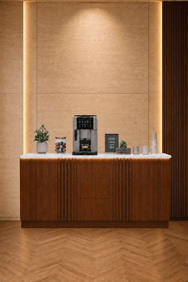 Modern Lighted Coffee Corner with White Wood Grain Surface