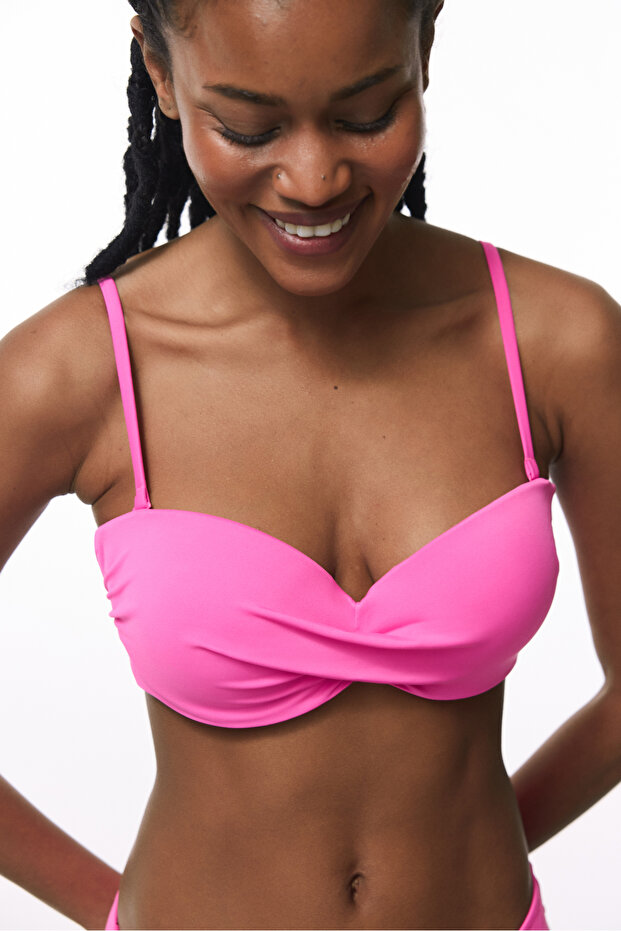 Pink Strapless Cup Enhancing Underwire Strapless Bikini Top