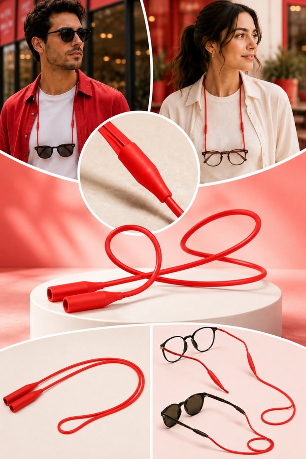 Comfort Model New Generation Silicone Glasses Strap Anti-Slip & Flexible Holder Rubber for Prescription Sunglasses and Reading Glasses 55 cm Length Sports and Daily Use Unisex Glasses Strap Neck Strap - Red
