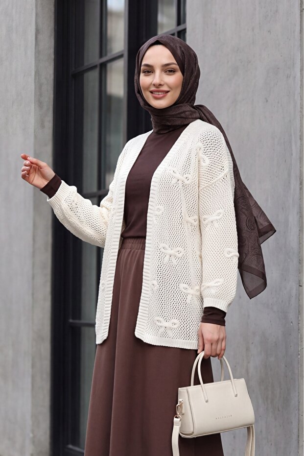 Bow Patterned Openwork Knitwear Cardigan -White