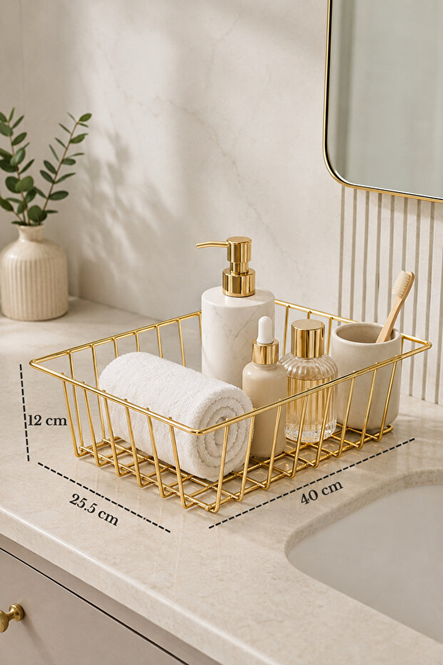 Shiny Gold Rectangular Basket Multi-Purpose Cabinet Organizer