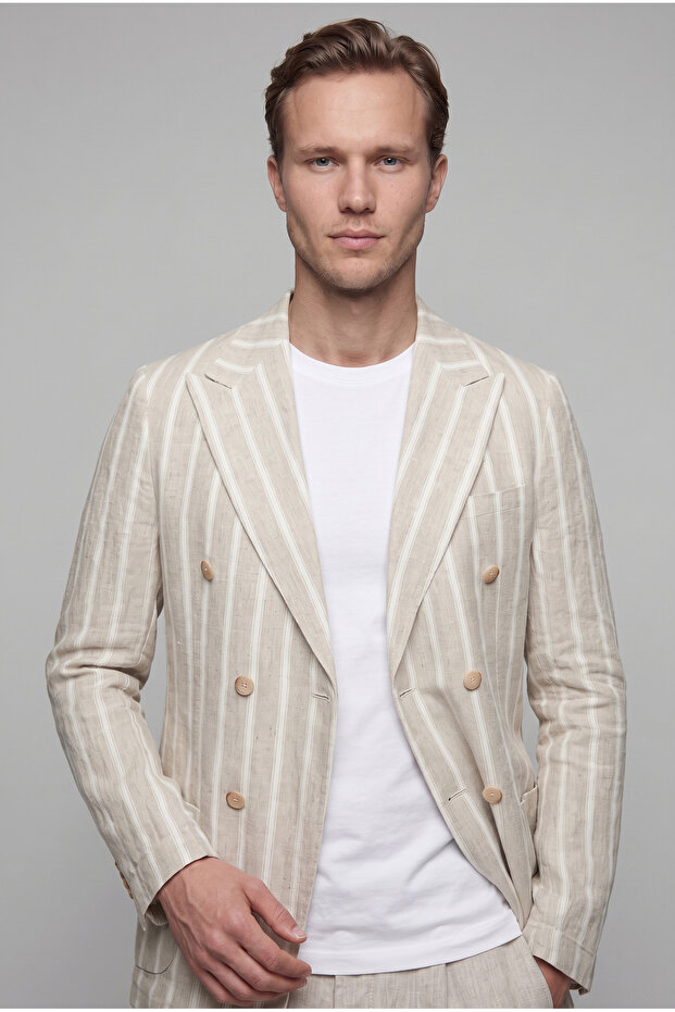 Slim Fit Beige Dobby 100% Linen Double Breasted Fabric Jacket