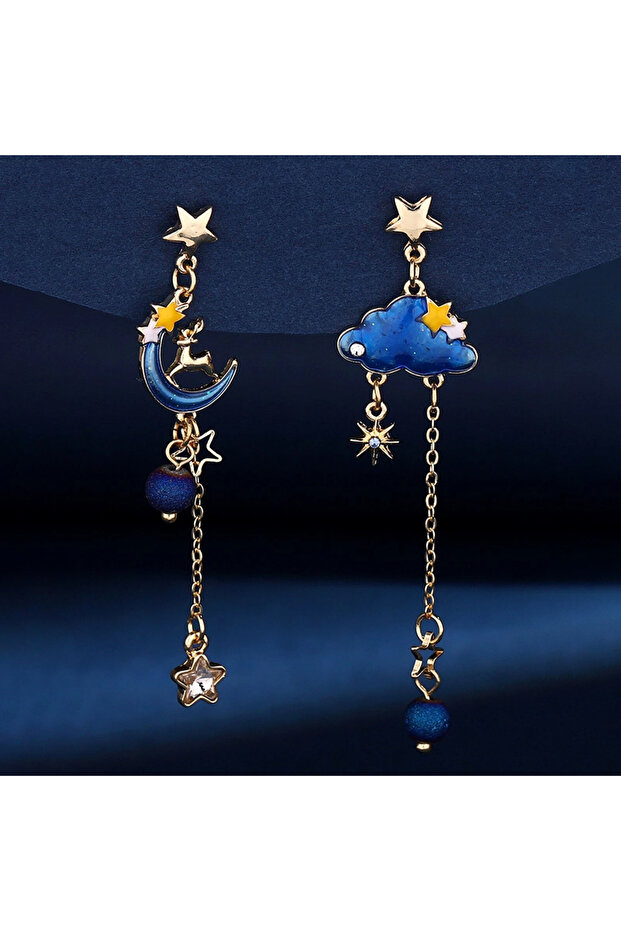 Blue Dreamy Star-Moon-Cloud Earrings! Blue-toned enamel craftsmanship, featuring deer, moon, and sta