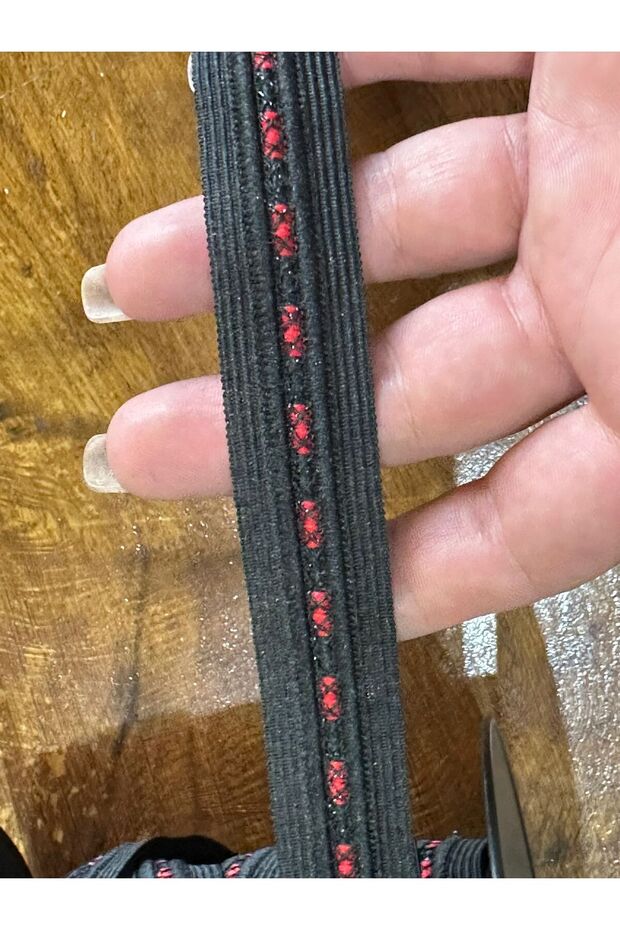 Red Patterned Black Embroidered Stripe Sewn Clothing Accessory - 2 cm (1 Meter)