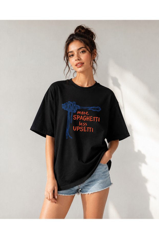 Unisex More Spaghetti Printed Oversize T-Shirt Unisex 80% Cotton Boxy Fit Streetwear T-Shirt Thick Textured