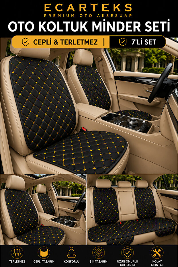 Anti-Sweat Car Seat Cushion Set with Pockets, Easy to Install, Universal Protective Cover, Fabric, Yellow