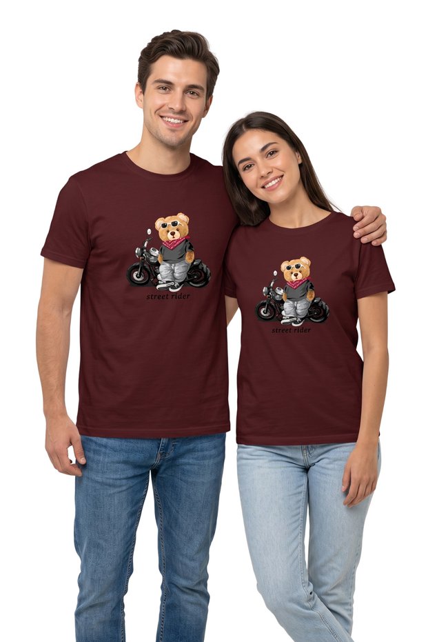 Unisex Burgundy Color Street Rider Teddy Bear Printed 100% Cotton Crew Neck T-Shirt