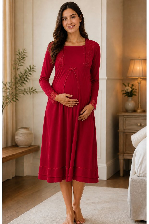 Cotton Maternity Nightgown with Breastfeeding Feature Effortt - Fuchsia