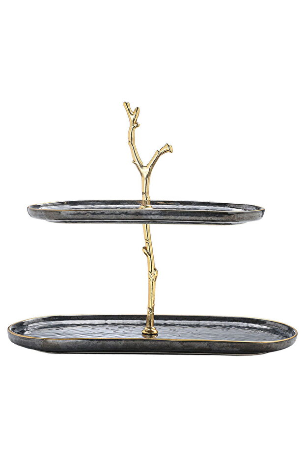 Al Saif Gallery Porcelain Dessert Serving Stand, 2 Levels - Black Gold