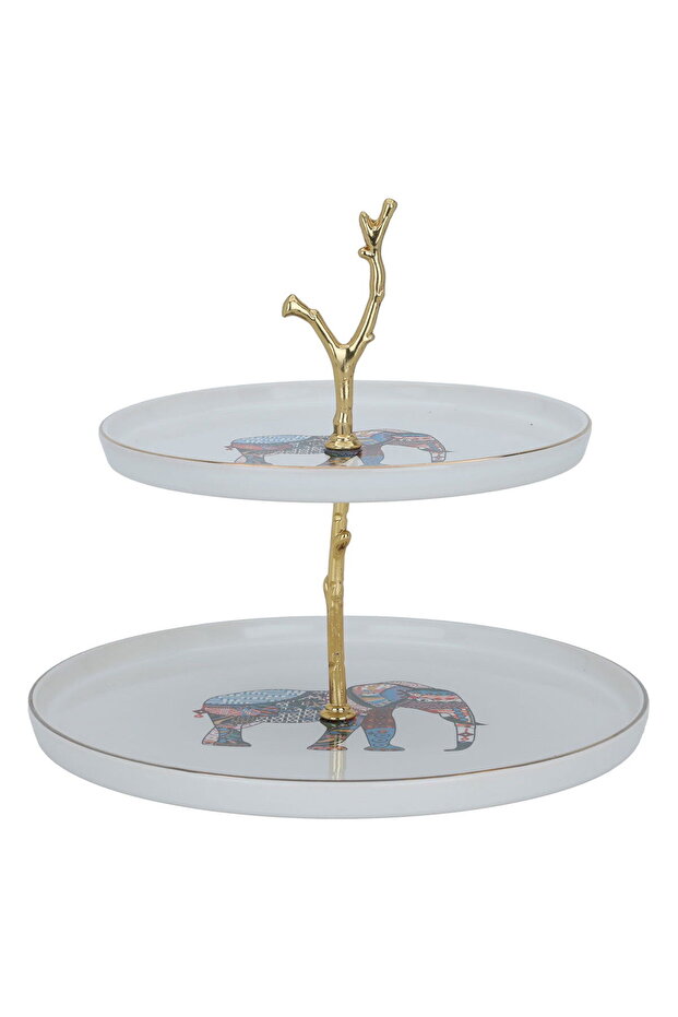 Al Saif Gallery Porcelain Dessert Serving Stand, 2 Levels - White Golden