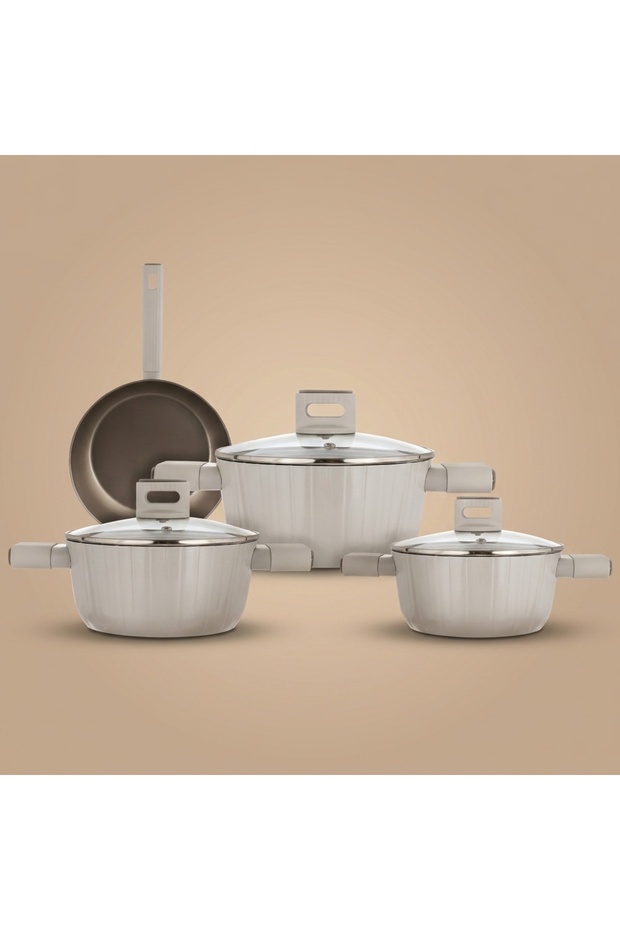 aluminum pots set with glass lid, 7 pieces - beige