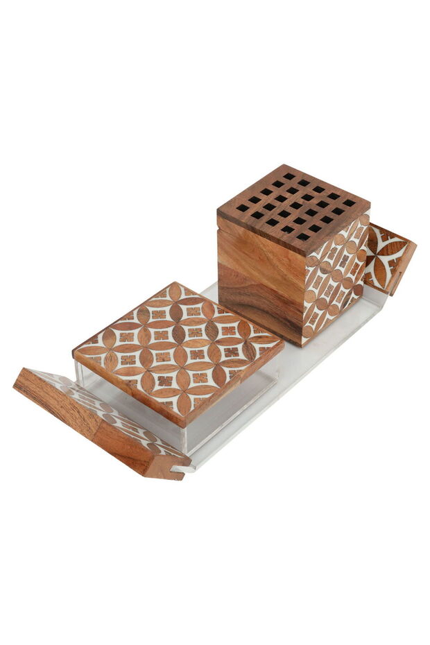 Saif Gallery Wood Incense Burner Set, Pearl Pattern, 3 Pieces - Brown