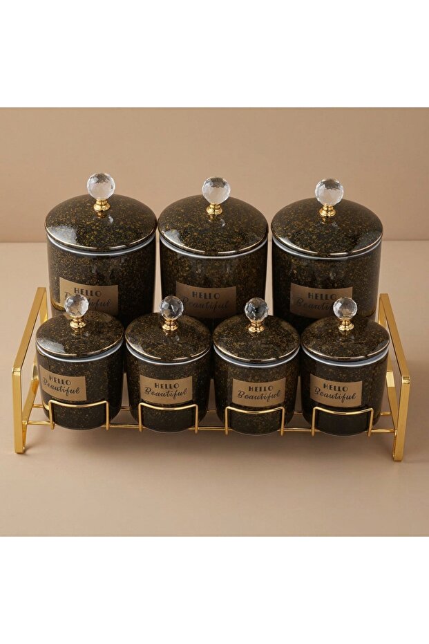 Al Saif Gallery porcelain spice boxes set, 7 pieces, gold stand - black and gold